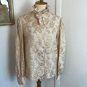 Christian Dior Vintage Gold & Ivory Ruffled Collar Blouse M